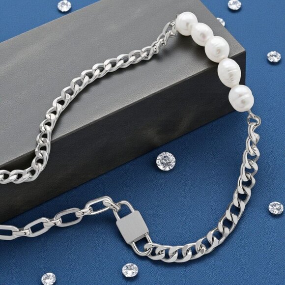 ποΈPadlock Freshwater Pearl 18K White Gold Plated Stainless Steel Necklace - Picture 5 of 15